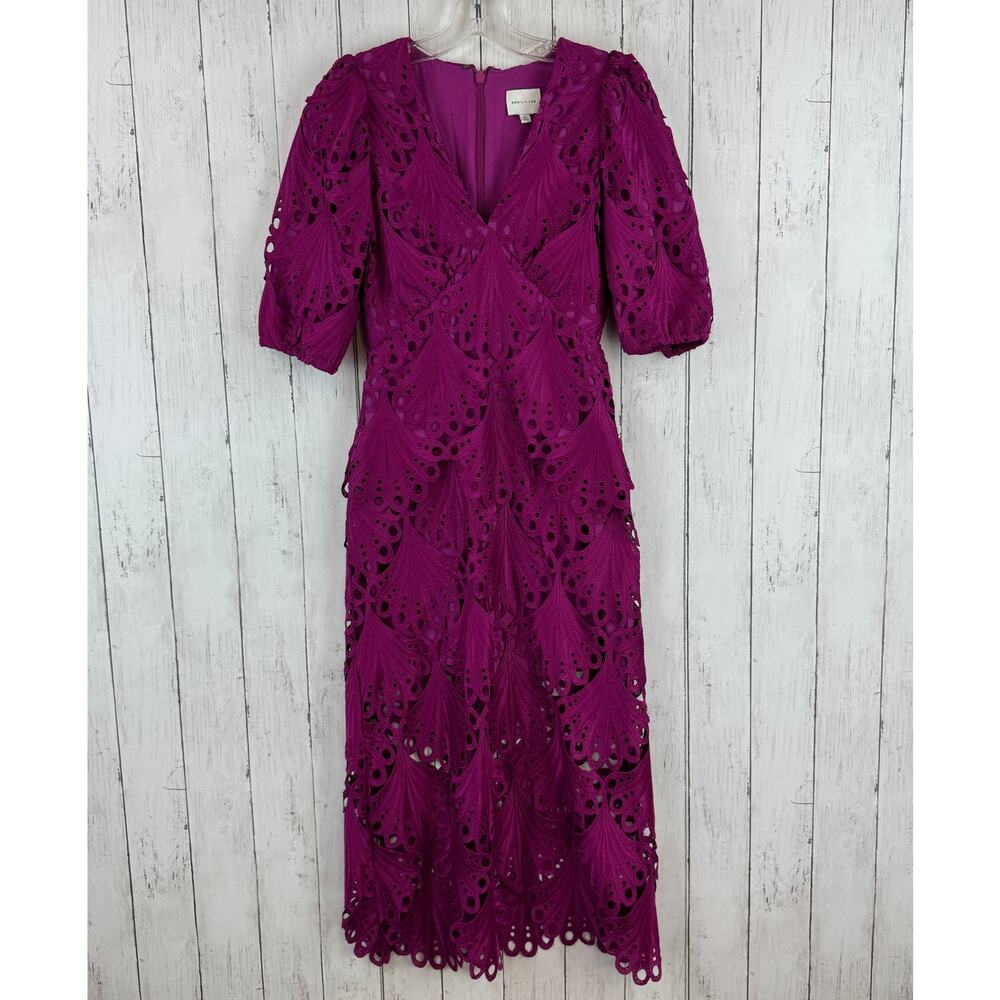 Adelyn Rae Berry Pink Purple Kinsley Puff Sleeve Lace Midi Dress Size X-Small - Picture 2 of 14